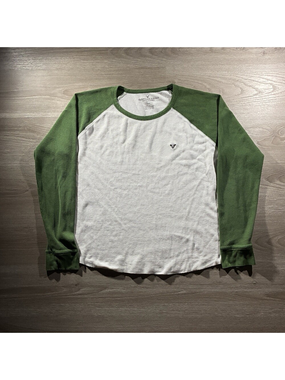 American Eagle Mens XXL Green White Waffle Knit Thermal Raglan Shirt Long Sleeve